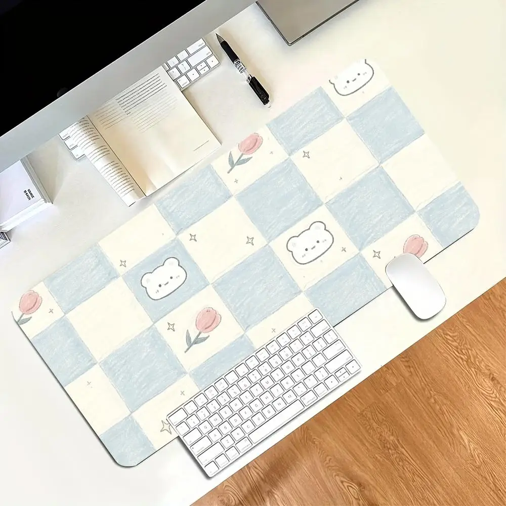 Cute Blue Checker Bear Tulip Print Large Gaming Mousepad Non-slip Rubber Base Stitched Edge Office Keyboard Workstation Canvas