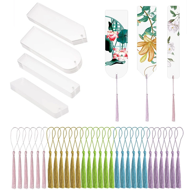 10/50 PCS Blank Acrylic Bookmark Set Craft Clear Acrylic Decorative Bookmark with Mini Bookmark Fringe for Decor and Gift Tags