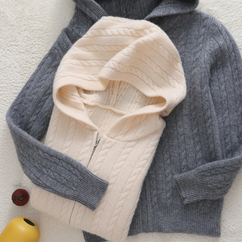 Children 100% Merino Wool Sweater Zippers Cardigan Hoodie Kids Thick Twist Flower Tops Autumn Winter Knitwear Boy Girl Clothing