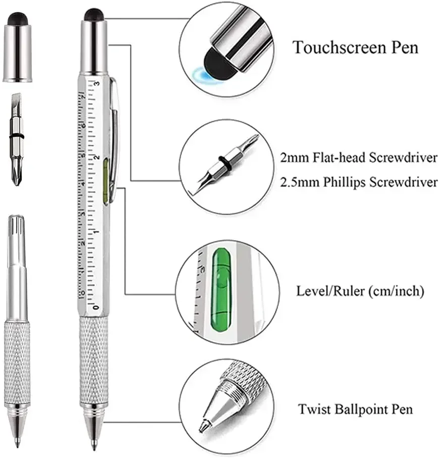 7 in1 Multifunction Ballpoint Pen Style Screwdriver with Handheld Tool Measure Technical Ruler Touch Screen Stylus Spirit Level