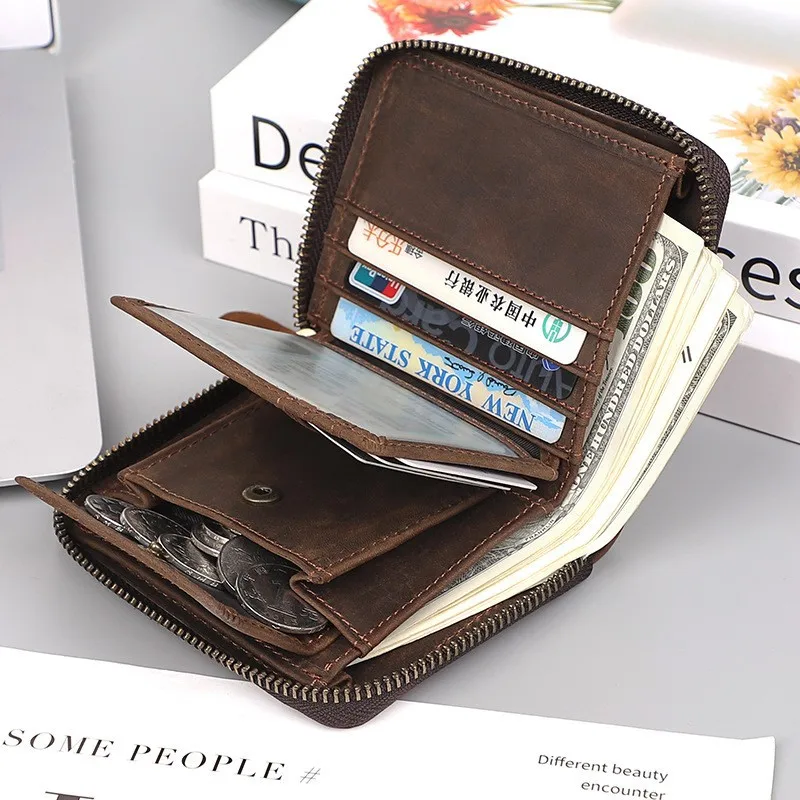 Retro Crazy Horse Leather Wallet for Men, Genuine Leather Purse with Coin Pocket, Multiple Card Slots & Money Clip