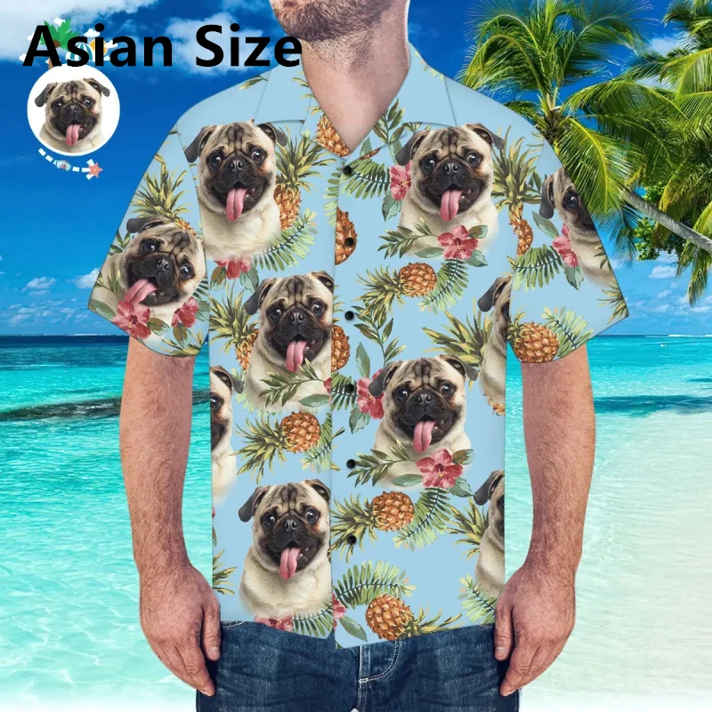 Camisas hawaianas divertidas y personalizadas con cara de perro para hombre, camisa de manga corta con estampado 3D de cara de mascota DIY, blusa holgada y transpirable