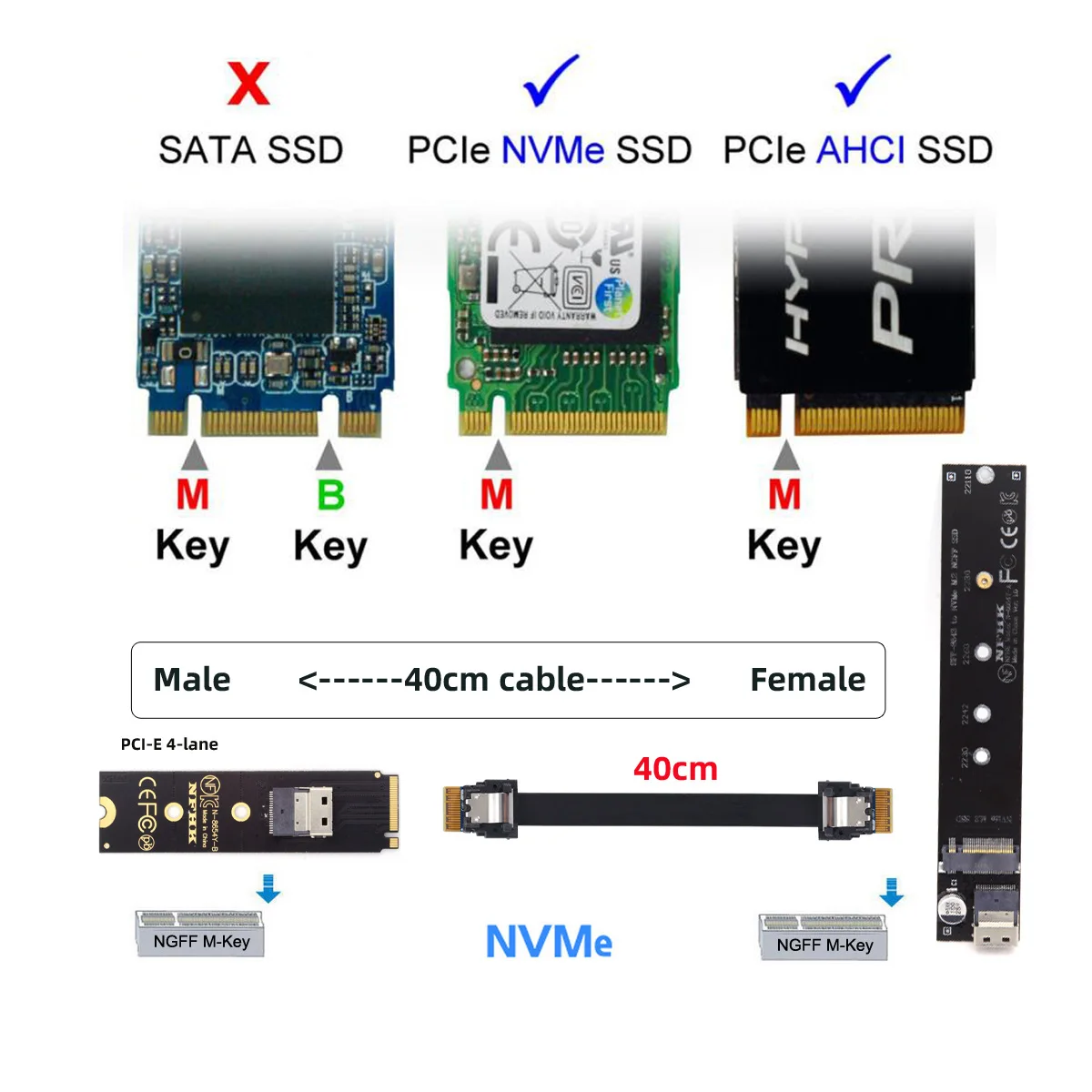 NVME NGFF M-Key Male to Female Extension Cable 40cm with SFF-8654 Connector for Mainboard SSD 2280/22110