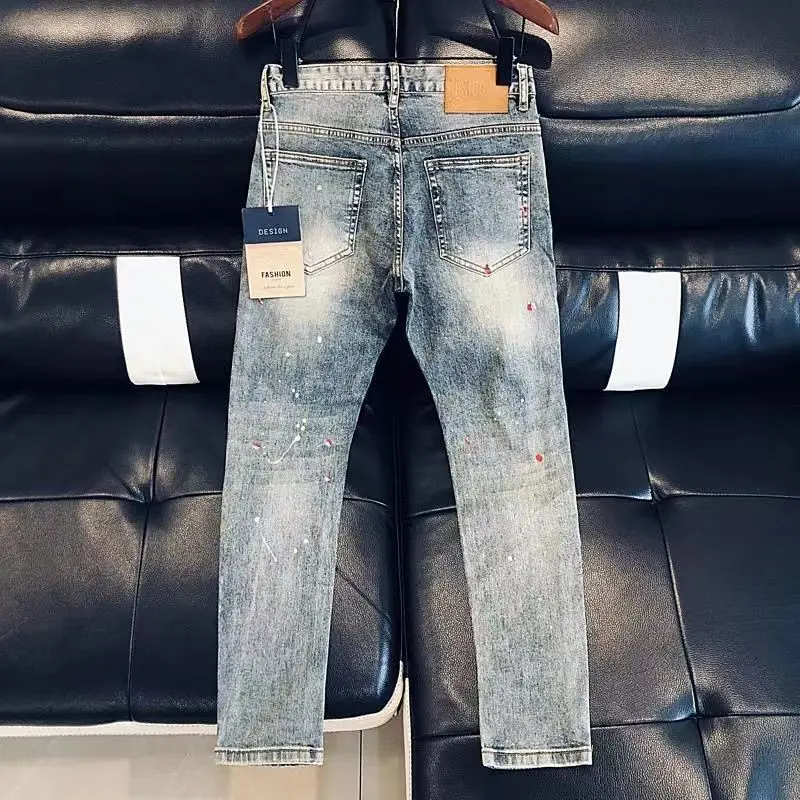 Trousers Light Blue With Holes Jeans For Men Tapered Male Cowboy Pants Torn Ripped Broken 2024 Trend Promotion Hot Kpop Harajuku