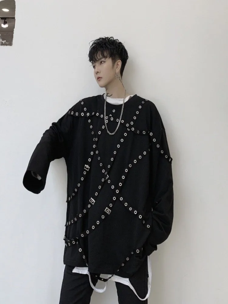 Spring Autumn Mens Designer O Neck Rivet Black T Shirt High Street Loose Fit Long Sleeve Casual Fashion Males Pullover T Shirts