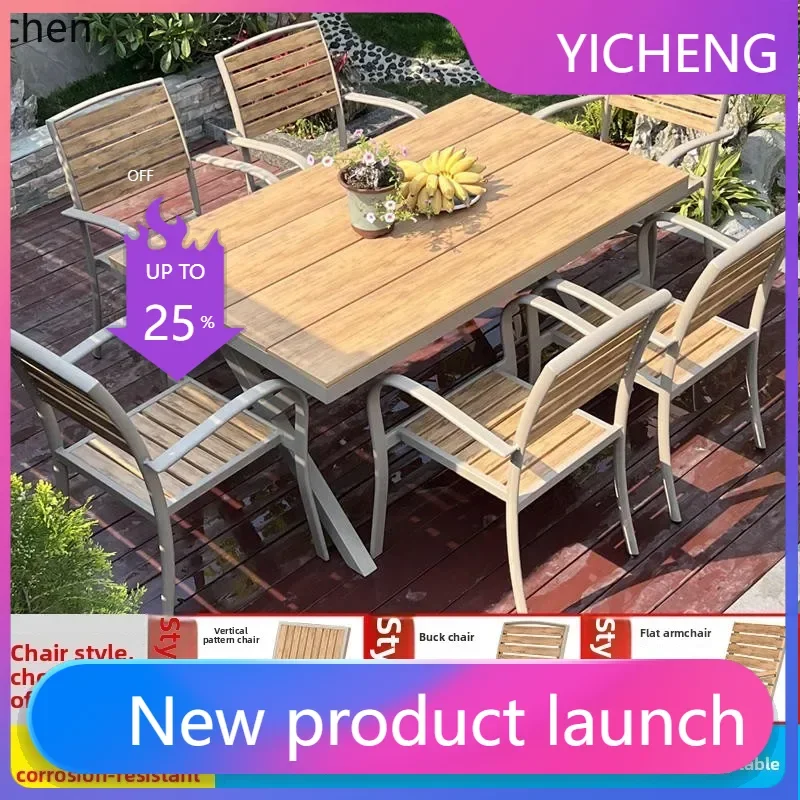 

LYY домашний уличный стол и стул, комбинация уличного двора под открытым небом для отдыха, пластиковый деревянный стол и стул цвета тикового дерева