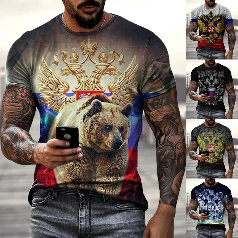 

Summer Fashion Men's Clothing Streetwear Oversized Tops Russia Bear 3D Print Men's T-shirts Round Neck Russian Flag Short Sleeve