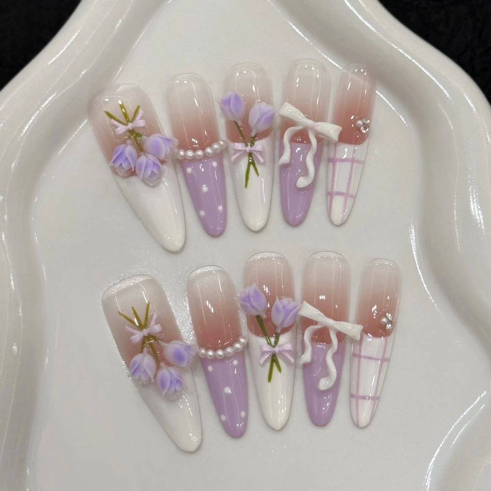 Sweet Kawaii Fashion Cat Bear Handmade Long Coffin Ellipse Fake Nails Bowknot Pearl Diamond Skirt Edge French Press On Nails view 4