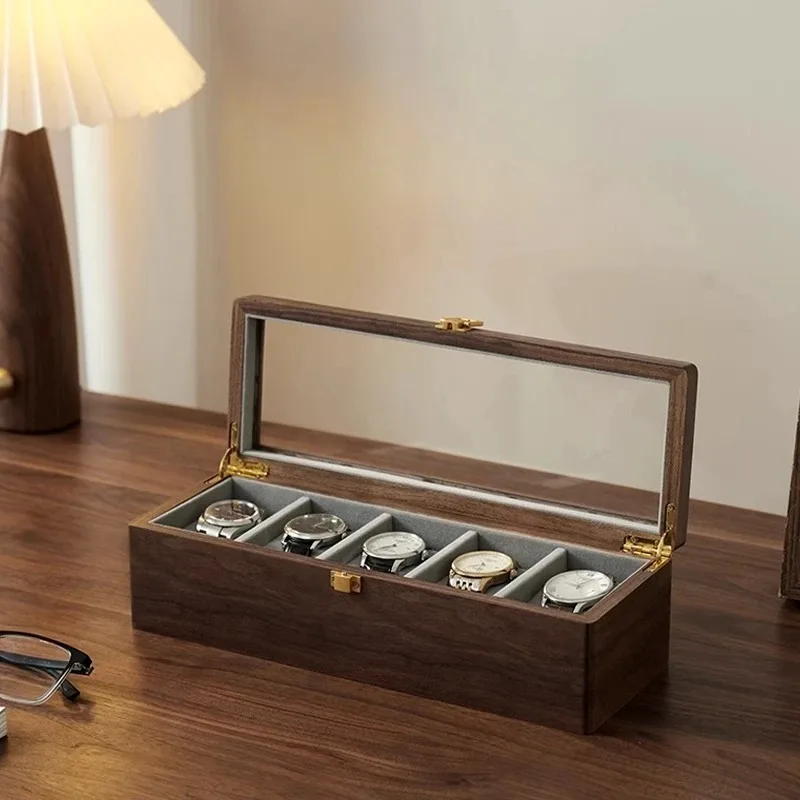 Black Walnut Watch Box Retro Luxury Watches Storage Boxes Transparent Glass Watch Display Case Packaging Organizer Supplies Gift