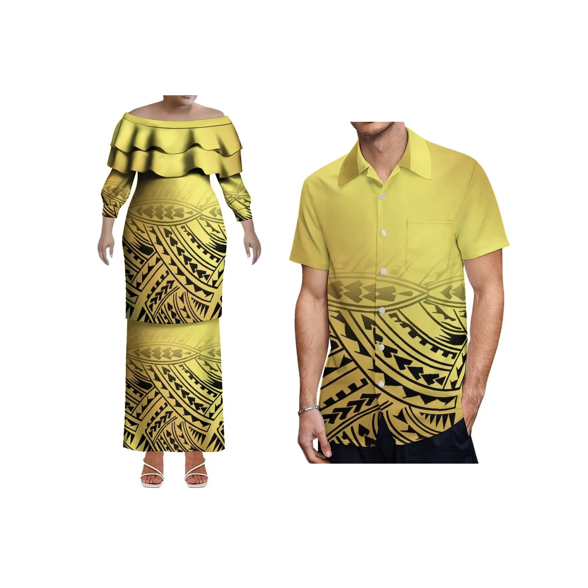 

Tax Included Custom Women Off Shoulder Dress Two Piece Design Samoa Puletasi Plus Size Long Sleeve Dress