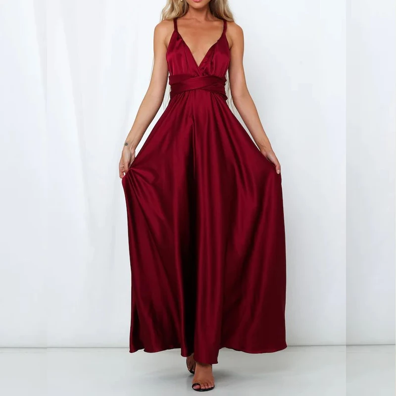 Sleeveless Backless Sexy  Evening Dress Fashion High Waist Satin V-neck Woman Dress Elegant Party Wedding Formal Dresses 26531