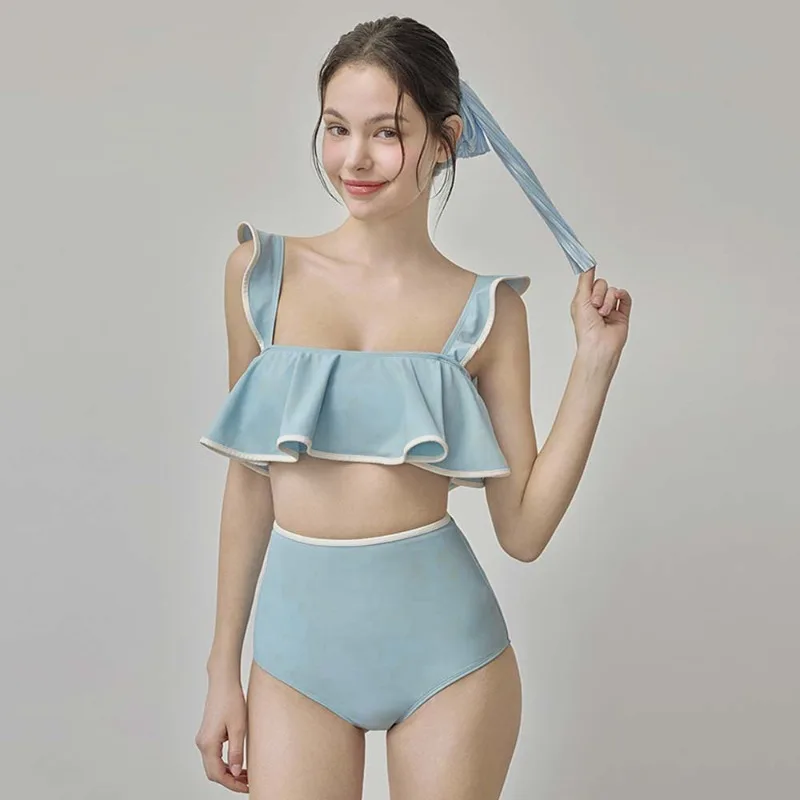 

Trendy Cute Ruffled Swimwear, Women's High Waisted Split Two Piece, Double Shoulder Straps Slim Fit Tummy Control Bathing Suit