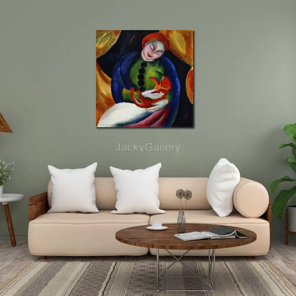 Handmade Painting in Oils Girl Cat Franz Marc Artwork Canvas Masterpiece Figure Picture Reproduction for Library Wall Decor