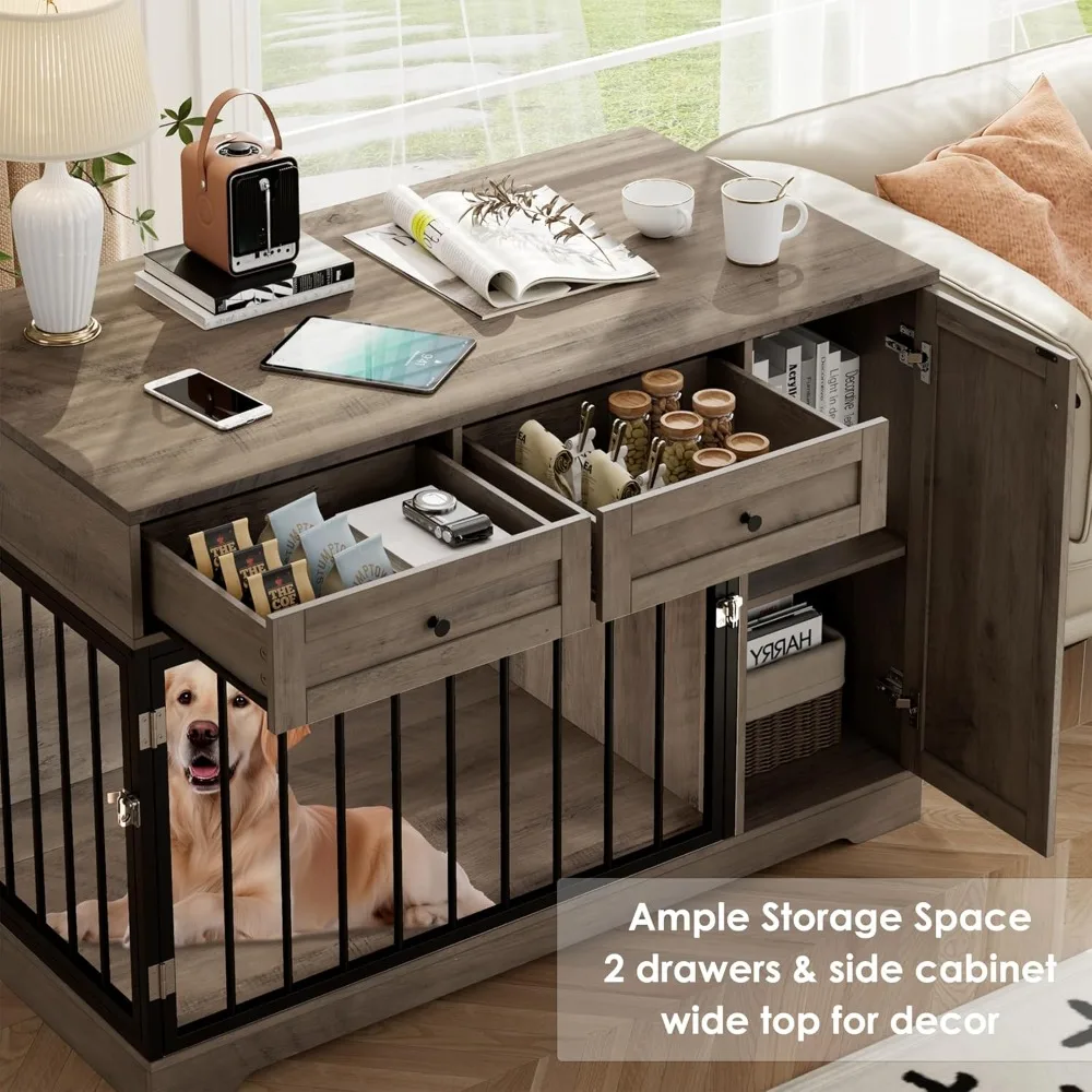 Dog Crate Furniture Kennel with Double Doors Wooden Pet House with 2 Drawers and Storage Cabinet, Indoor Dog Cage Side End Table