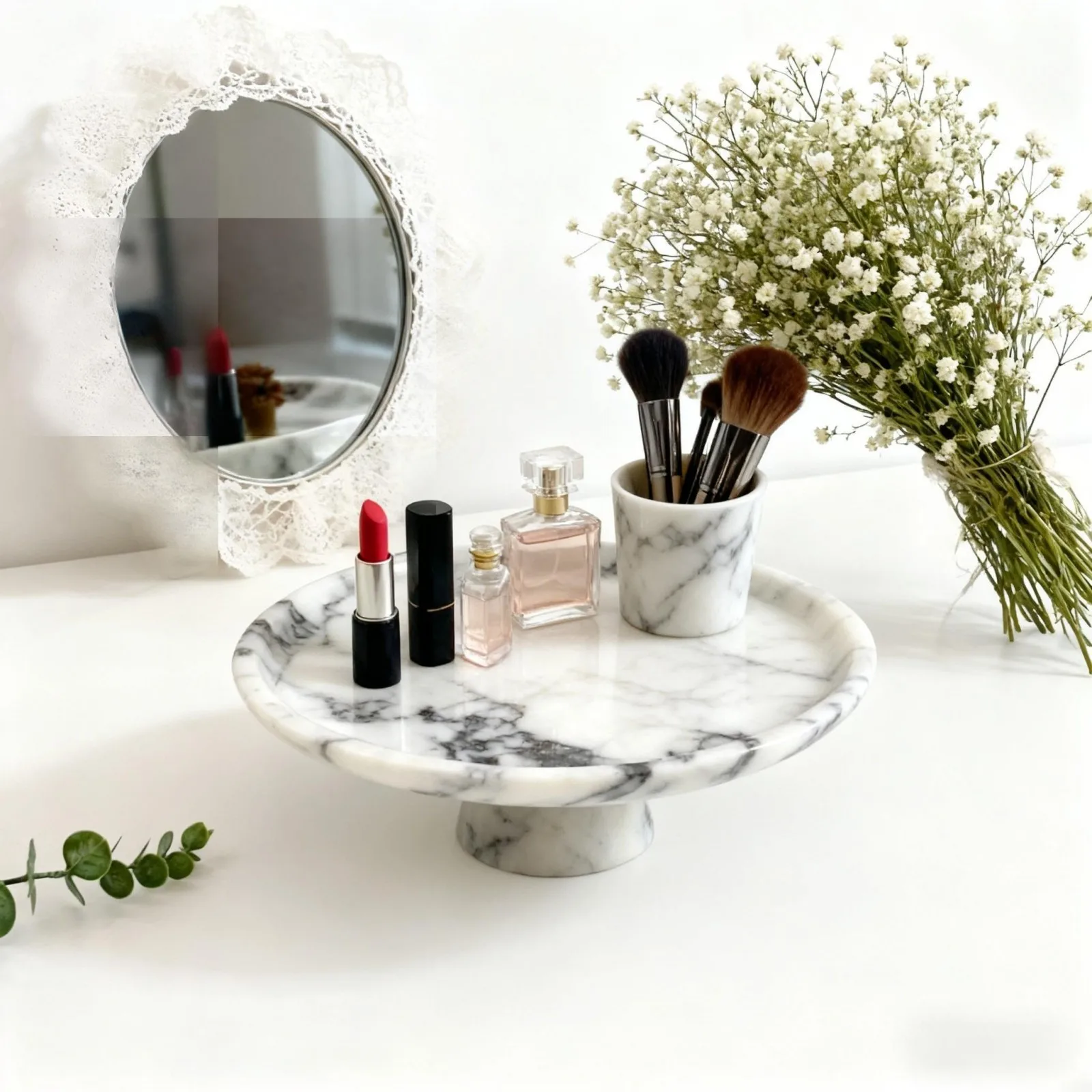 Calacatta Viola Marble Single Leg Round Tray, Raised Stone Catchall Curved Edge, Vanity Organizer Jewelry Makeup