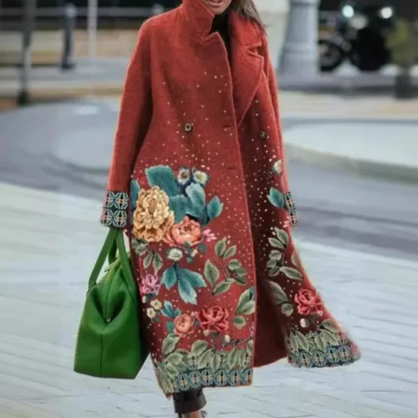 Neue Frauen Casual Mode Langarm Revers Kragen Drucken Lose Jacke Graben Outwear Herbst Lange Wolle Mantel für Frauen Y2K Kleidung