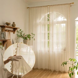 1Panel, Bohemian Transparent Curtain Lace Semi-Shading Bohemian Handmade Tassels, Rod Flap Pocket Pantss, Window Processing Retro Country Farm Curtains, Bedroom, Living Room