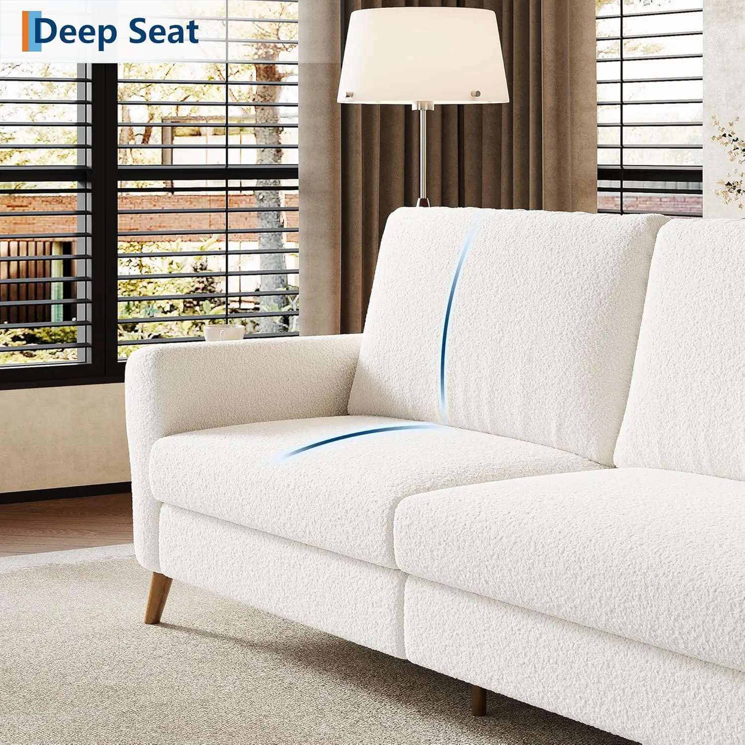 Sofá moderno de 3 lugares de 84 polegadas, sofá Boucle, pés de madeira, bege