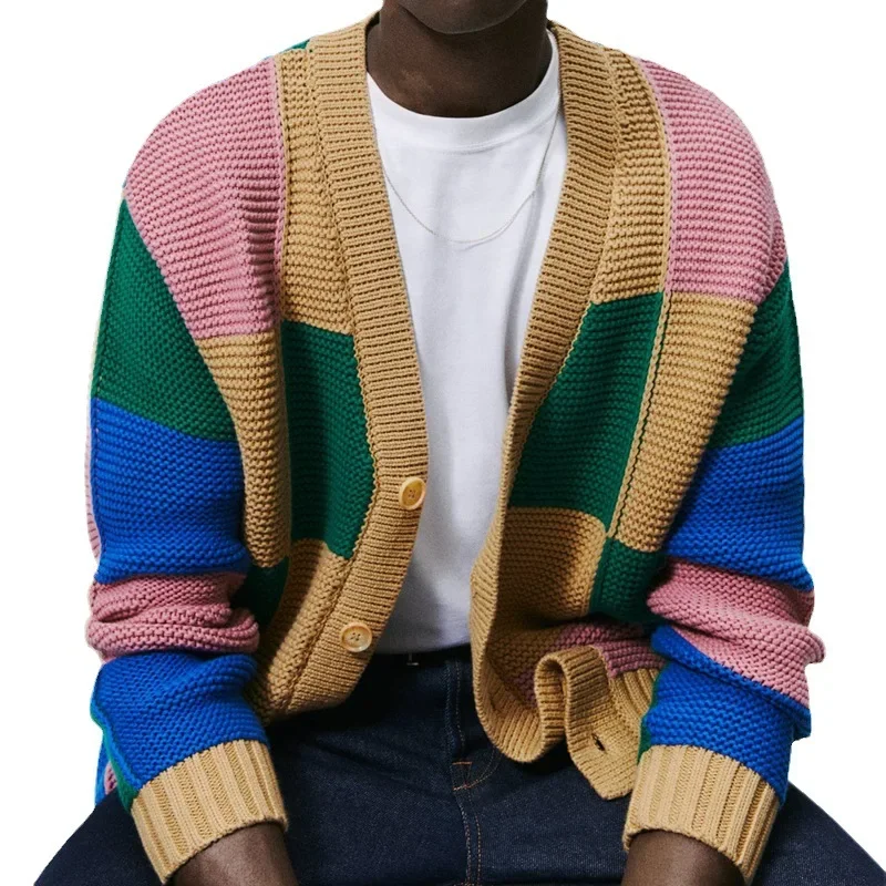 

Mens Sweater Contrast Cardigan Autumn and Winter Knit Coat Long Sleeve Single Breasted Outerwear Fashion Chamarras Para Hombre