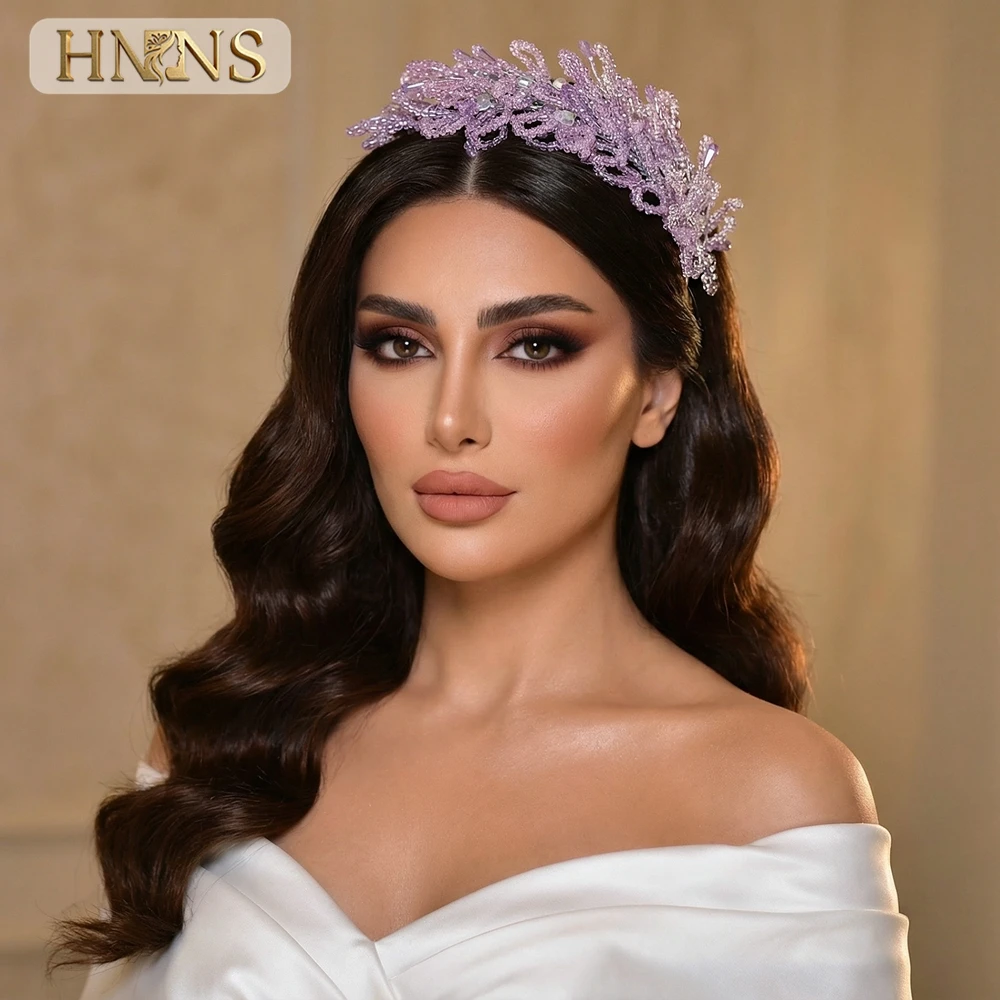 HNNNS Lavender Purple Color Crystal Bridal Head Hoop Handmade Beaded Bride Wedding Headband Princess Party Accessories YXA215