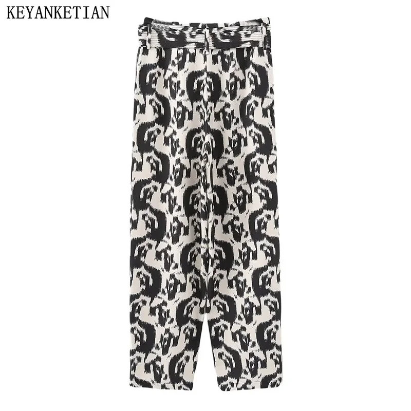 

KEYANKETIAN Autumn New Women's Contrast Color Printed Casual Pants Vintage With Belt High-Waisted Zipper Pockets Female Trousers