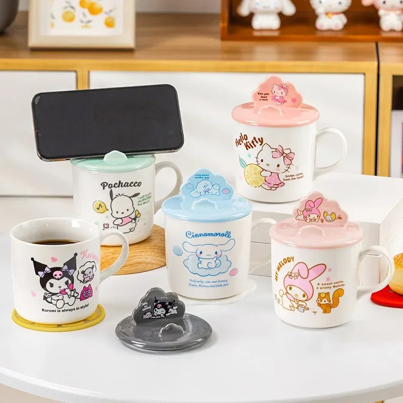 Tasse en céramique Kawaii Hello Kitty, Mininstants Anime, Kuromi, Cinnamoroll, Melody, belle tasse de dessin animé avec couvercle, tasse à café, emballage de boîte cadeau