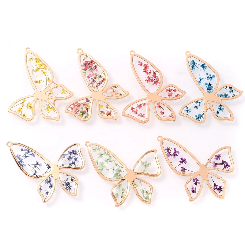 4Pcs Artificial Transparent Foil Butterfly Resin Pressed Dried Flower Drop Gel Plant Specimen Charms Pendant for Jewelry Making