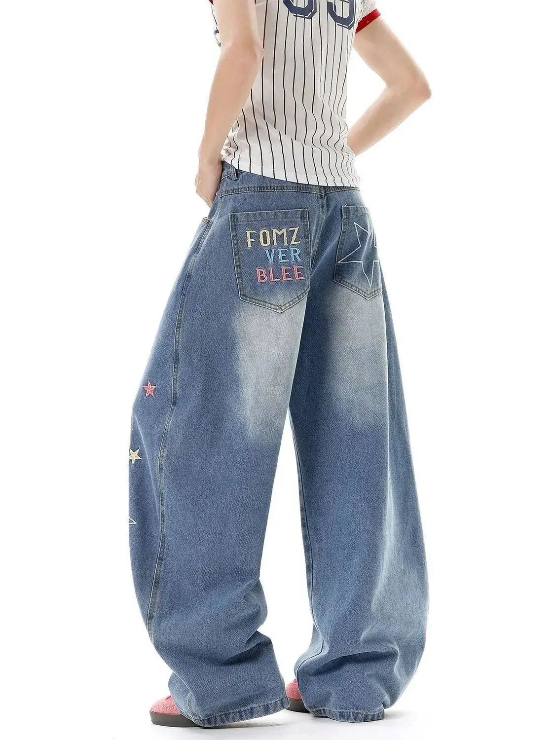 Vintage americano estrela bordado perna larga denim calças femininas 2025 solto cintura alta em linha reta fino ajuste arrastando streetwear jeans