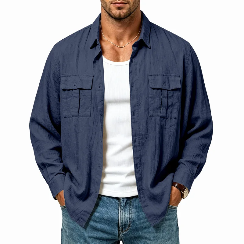 Men Linen Multi Pocket Jacket Fashion Vacation Casual Loose Turn Down Collar Long Sleeve Shirt Daily Wear Outdoor Commute Versat