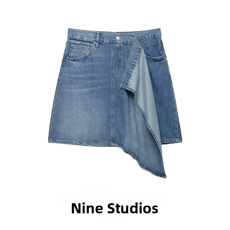  Length Asymmetrical Denim Wrap Skirt Short Skirts NINE ZAR Women's Fashion Layered Cut out Design Standard Fit Half Skirts
