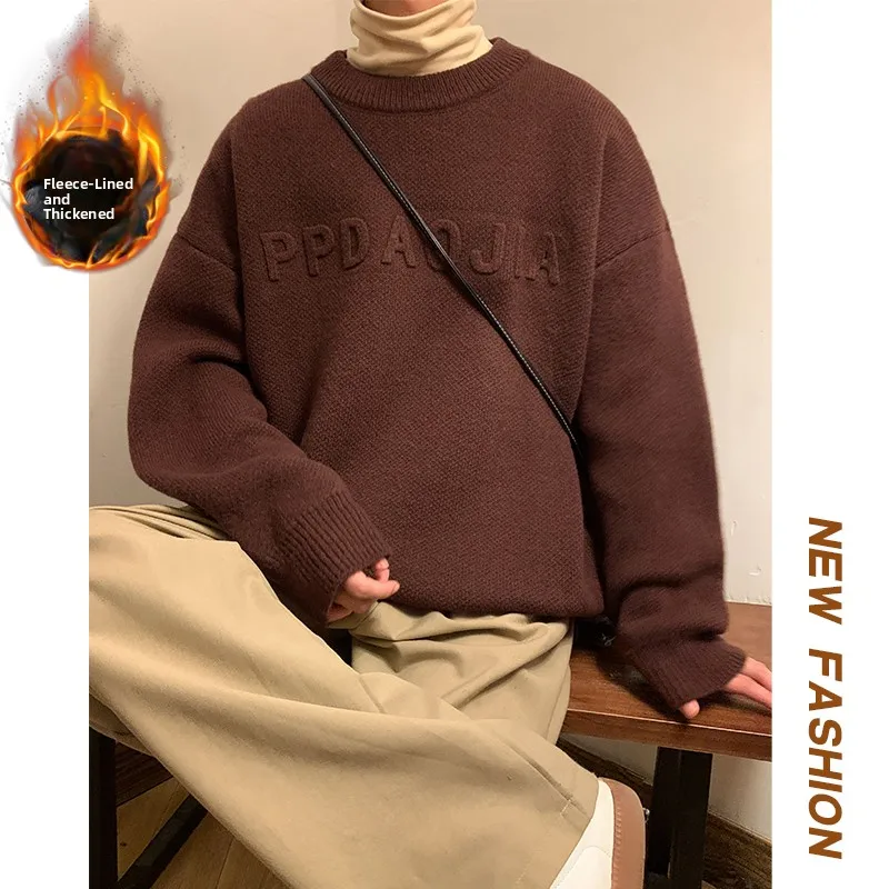 

Мужской утепленный свитер свободного кроя с круглым вырезом, вязаный пуловер для повседневной носки зимой, новинка 2024 года