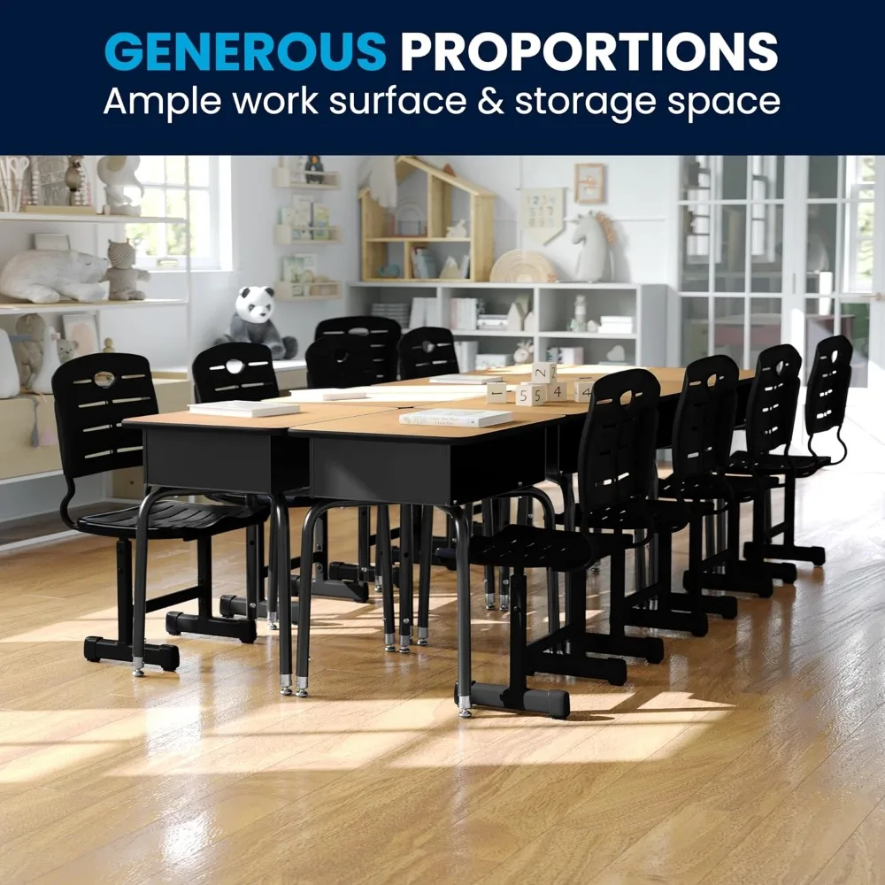 Height Adjustable Student Desk with Metal Book Box, Open Front Design for Classroom or Home Learning, Natural/Black