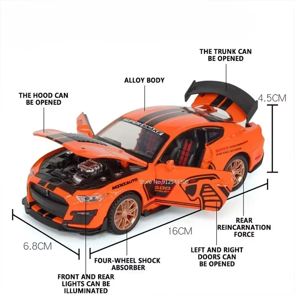 Scale 1:32 Shelby GT500 Cobra Model Car Toy Alloy Diecast Wheel Suspension Fine Details Supercar Models Sound Light Gifts