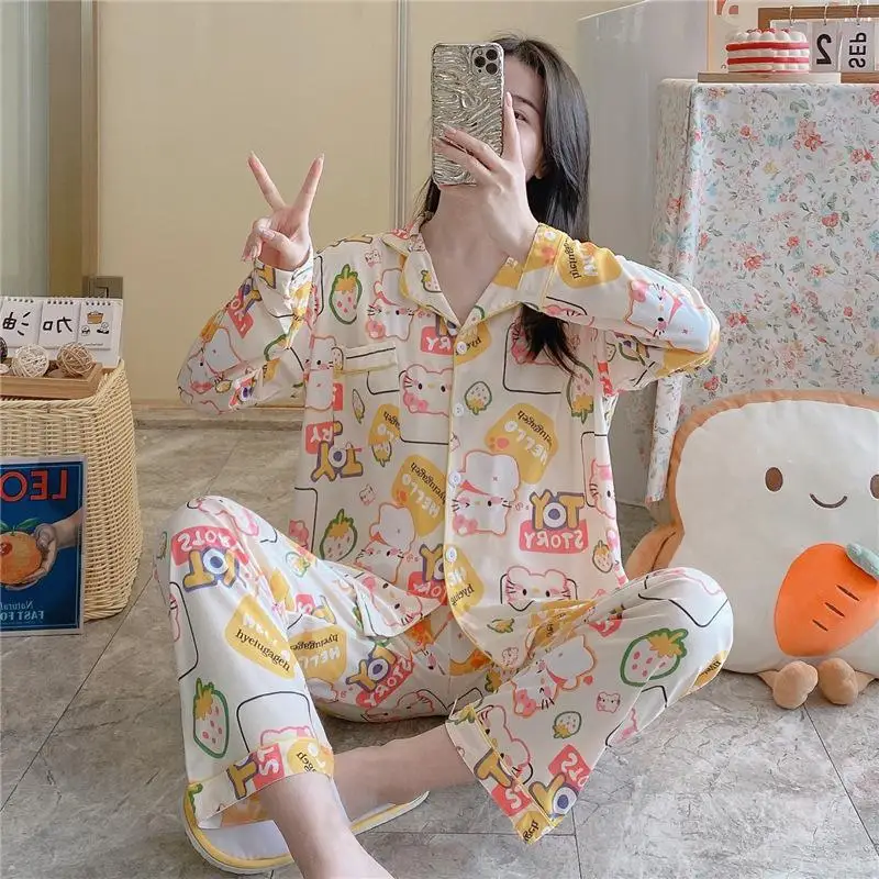 

Miniso Girl Leisure Пижамный костюм с длинными рукавами Весна Kawaii Hello Kitty Аниме Мода Длинные брюки Одежда для отдыха на улице