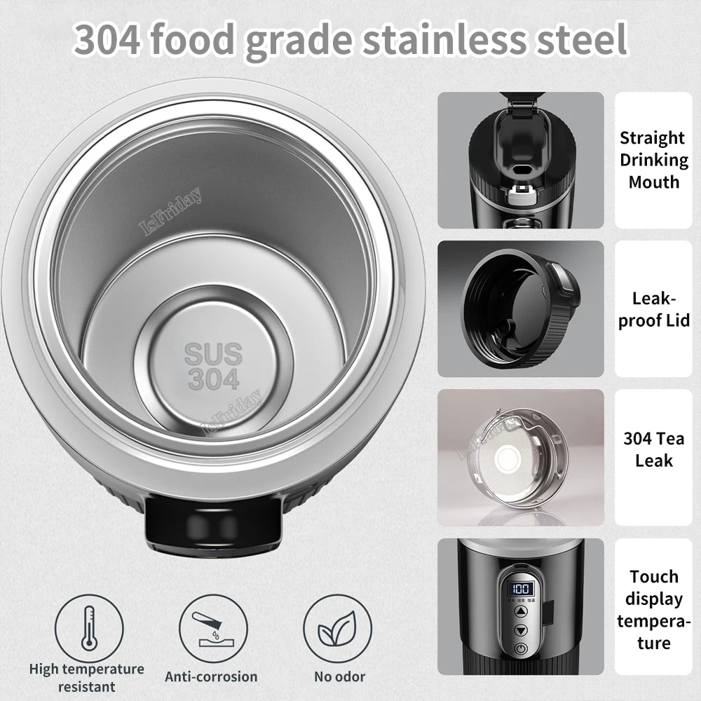 温度レギュレーターとディスプレイ付きのステンレス鋼加熱カップ,電気自動車用暖房カップ,冬用魔法瓶,水カップ,500ml
