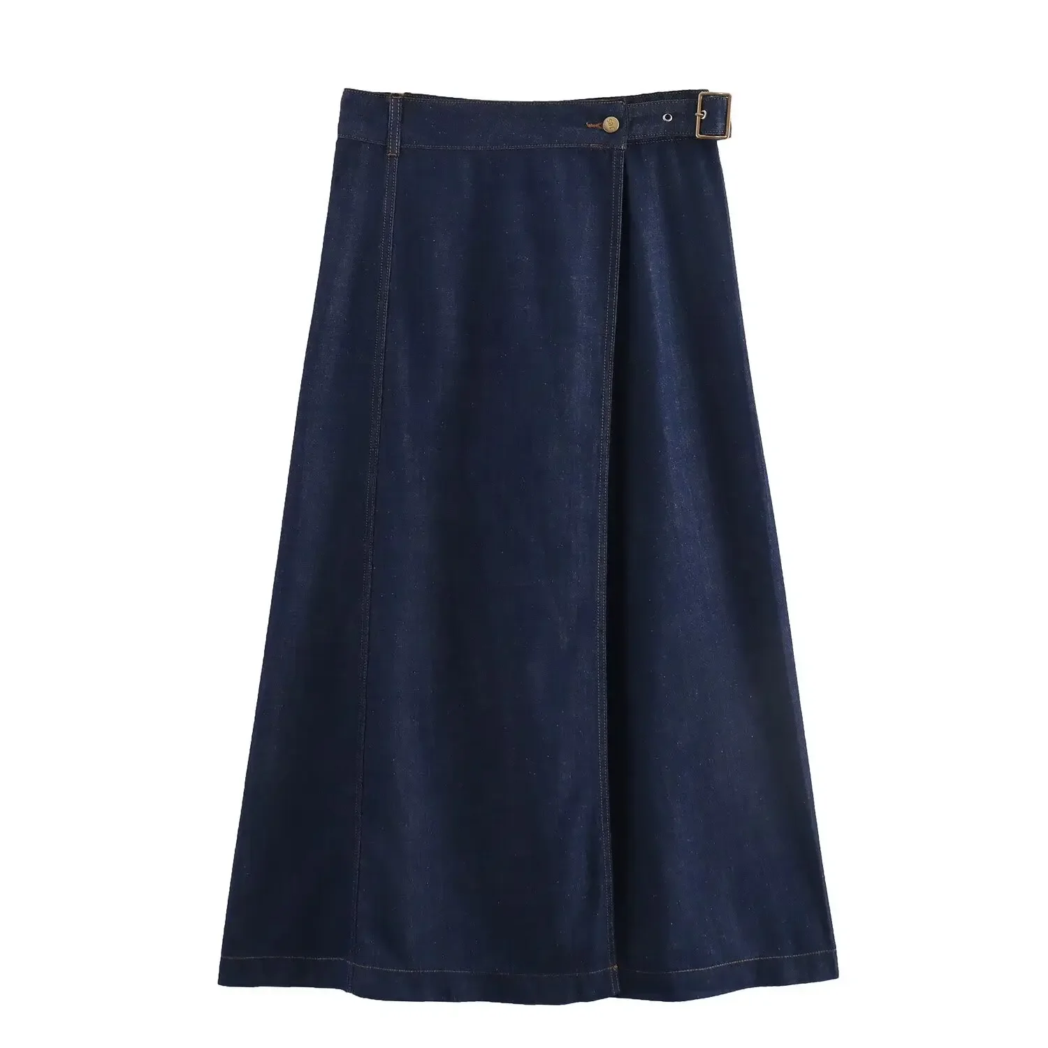 Women's 2024 New Casual Fashion Joker Split Design Buckle Decorative Denim Fabric Skirt Retro High Waist Skirt Mujer