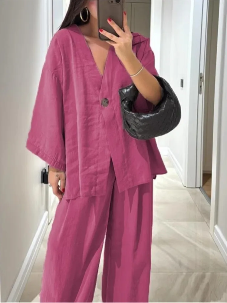 

Woman's Solid Color V-neck Top Two-piece Set Spring Fashion Long Sleeves One-button Cardigan+Wide-leg Pants Outfit Ladies Suit