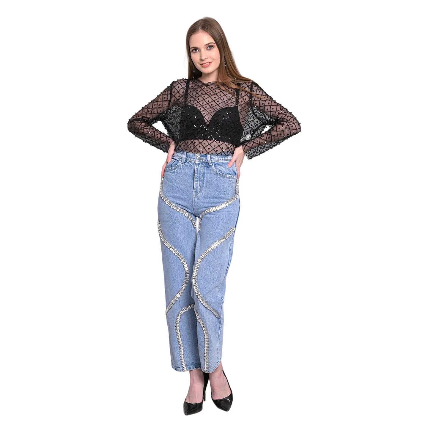 2024 design surround diamond jeans fashionable street wear women's trousers fashionable casual versatile straight leg pants