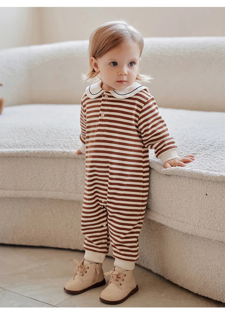 2026 Spring Autumn Boys Girls Baby Jumpsuit Infant Sailor Collar Long Crawler Small Month Outing Romper Onesie