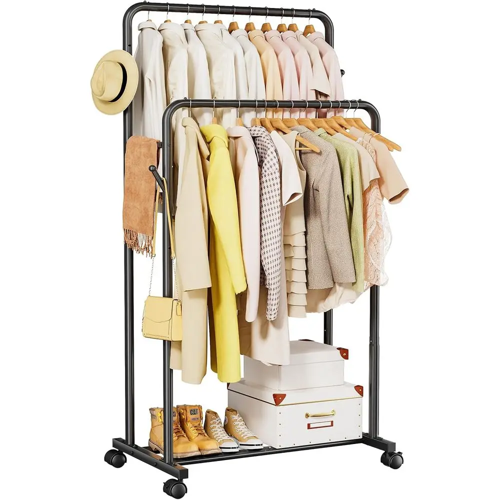 

Double Rods Clothing Rack, Metal Garment Rack with Rolling Wheels, Portable Wardrobe Closet Rack or Coat, Bedroom, Laundry, Blac