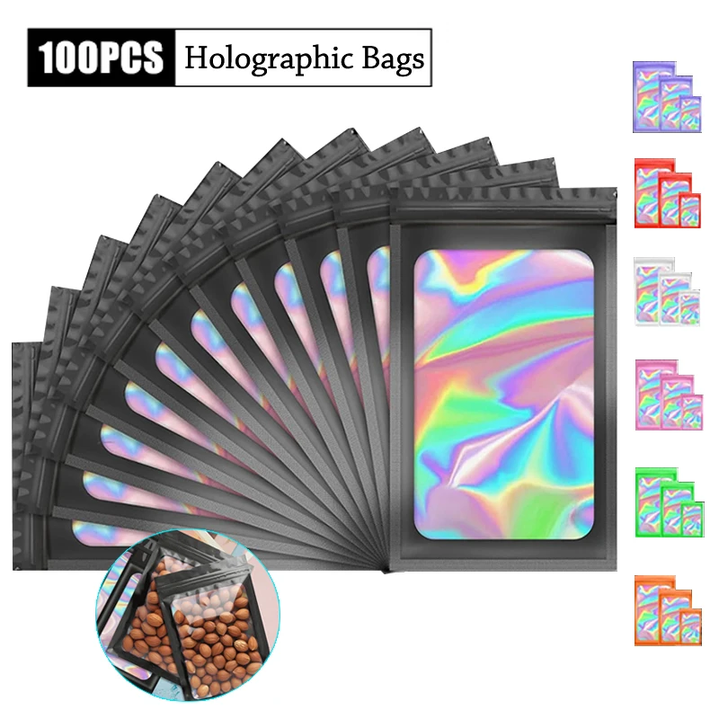 100Pcs Ziplock Bags Laser Color Resealable Holographic Bags Plastic Pouch for Jewelry Display Packaging Gift Storage Bag