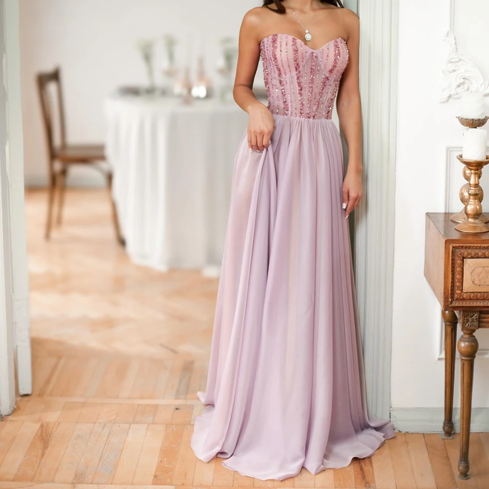 

Customized A-line Evening Dresses Floor-length Strapless Sleeveless Prom Gown Fashion Crystal Sequined Simple Draped Party Gown