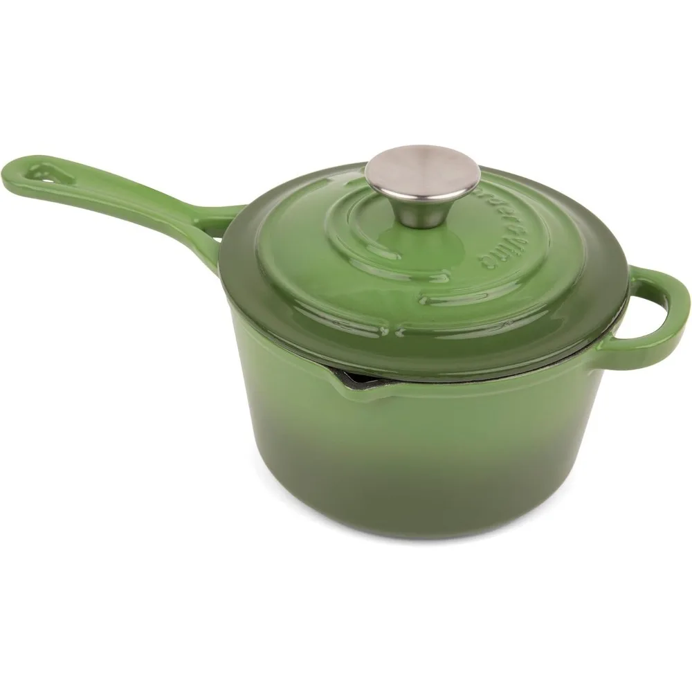 

Enameled Cast Iron Saucepan | 2.2 qt Sauce Pan with Lid | Saucepan with Pour Spouts | Enameled Cast Iron Pot Compatible