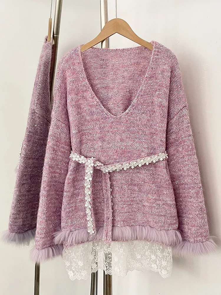 Vrouwen Nieuwe Lente Herfst Top Gebreide Kleding Losse Lint Truien Jas Echt Vossenbont Kant Truien Trui Jas Vrouwelijke