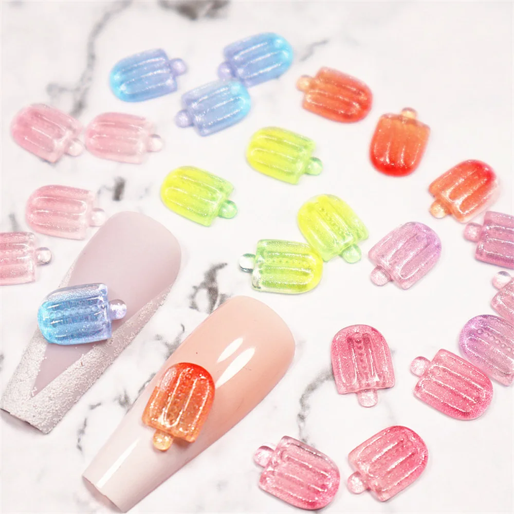 50Pcs Gradient Popsicle Nail Art Charms 3D Resin Summer Glitter Lovely Ice Cream Nail Rhinestones Kawaii DIY Nail Accessories