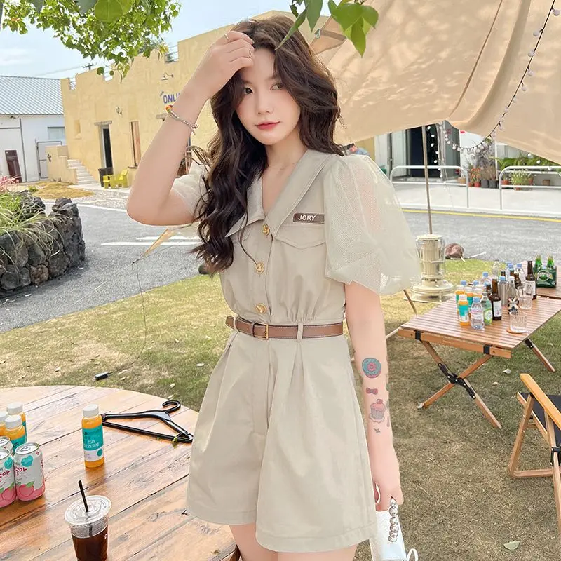 Rompers Womens Jumpsuit Playsuits 2024 New Summer High Waist Solid Belt Girls Jumpsuit All-match