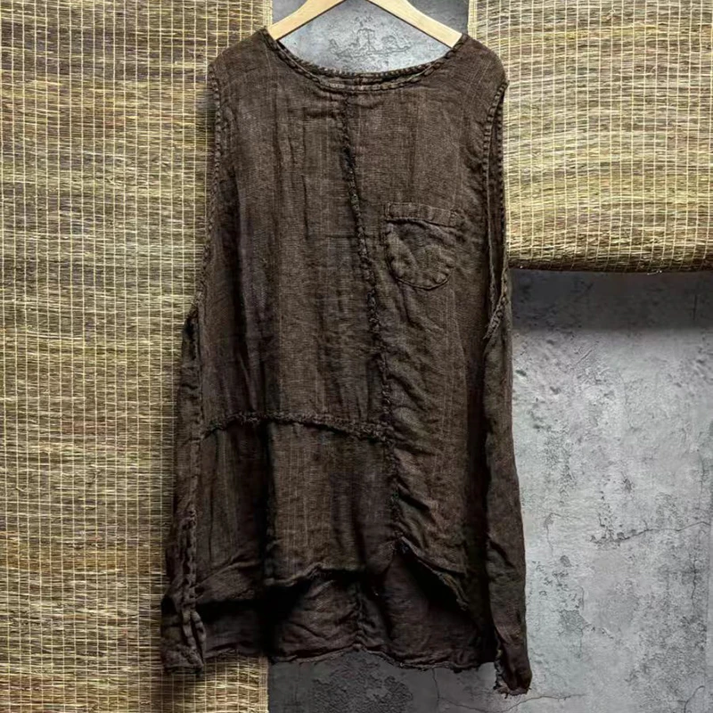 Spring Autumn Arts Style Women Sleeveless O-neck Loose Vests Coat Spliced Design Asymmetry Cotton Linen Vintage Vest Good Qualit