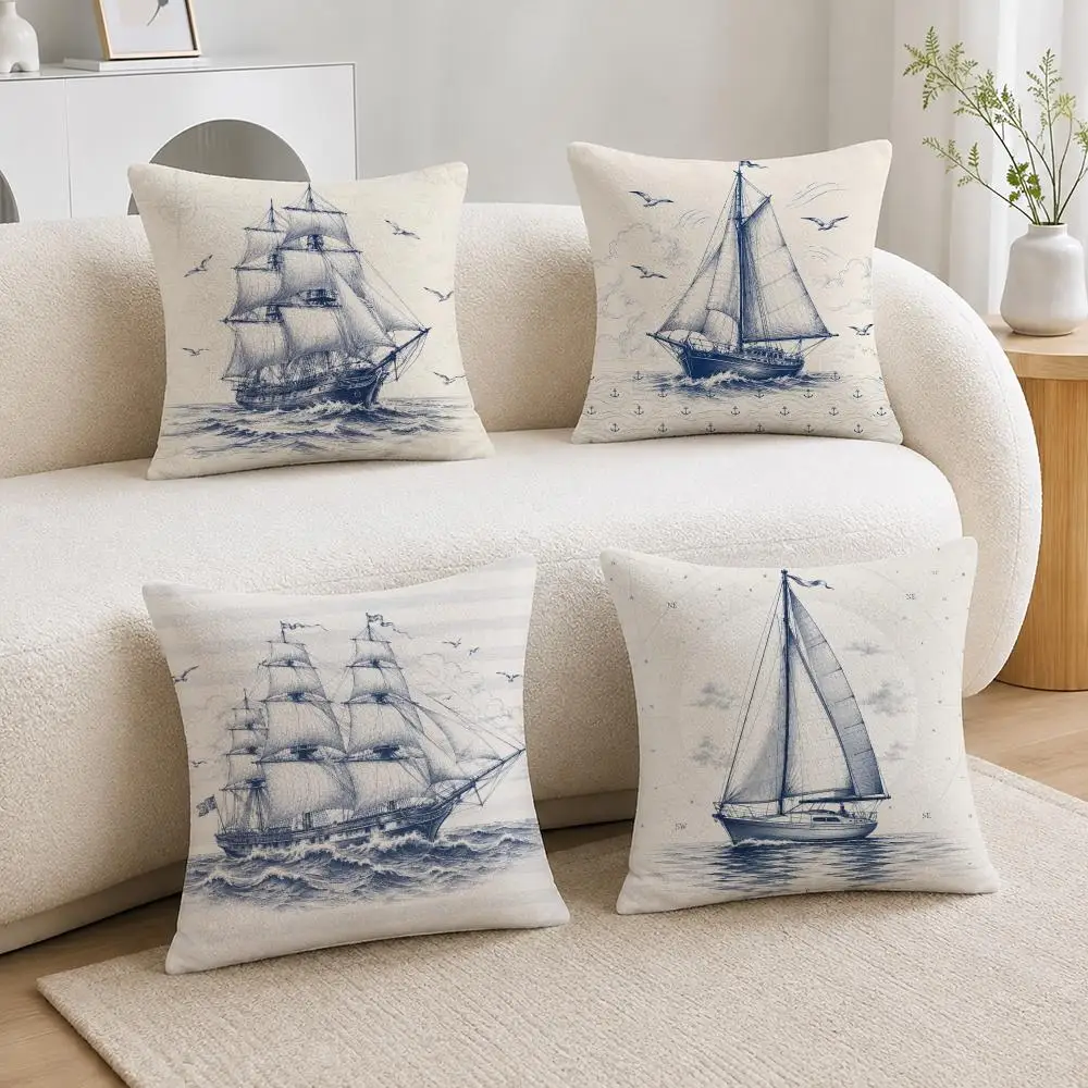 Pattern Sailing Sailboat Pattern Cushion Cover Soft Plush Cushion Covers Fluffy Throw Pillow Cases for Sofa Bedroom Home Decor