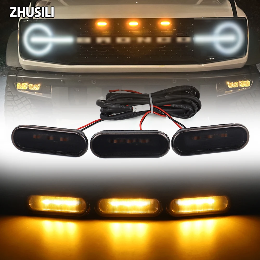 

3pcs LED Grill Lights for Ford Bronco 2021 -2024 2/4-Door Grille Lamps fit Badlands Wildtrak Everglades Yellow Smoked Lens