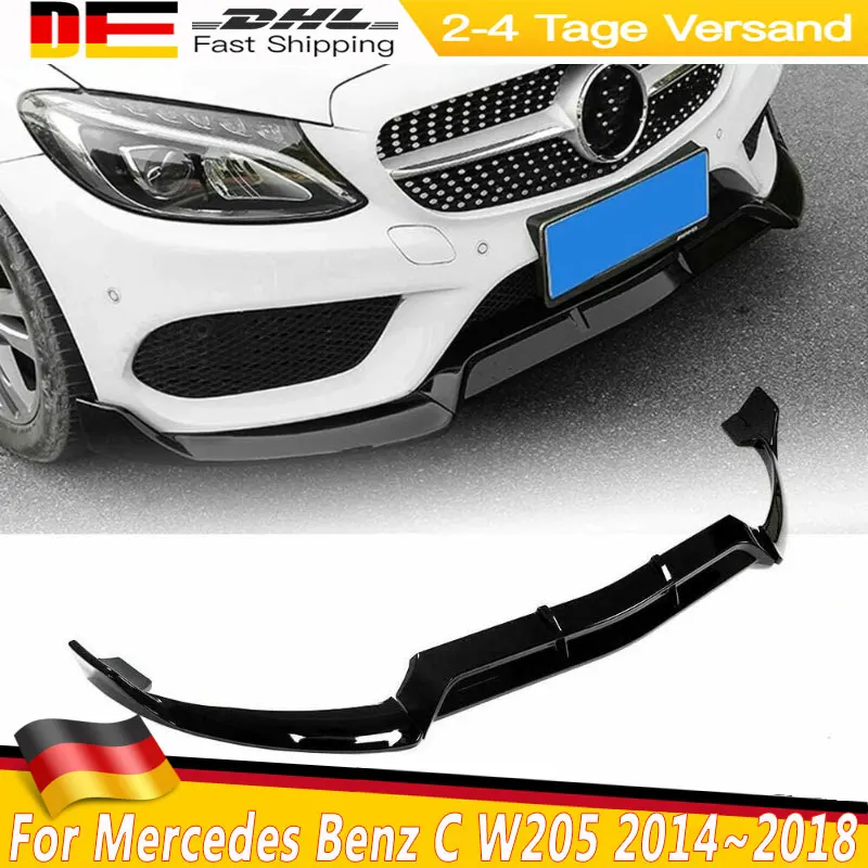 Image of Glänzend schwarzer Frontspoiler für Mercedes Benz C W205 2014~2018 C180 C200 C250 C260 C300 Frontstoßstangenlippe im Tuning-Stil